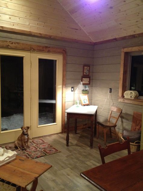 Another view of the tongue and groove pine ceiling.  The walls are the same T-111 siding which covers the outside of the Studio  installed horizontally and stained the exterior's accent color.  Where I create this: https://www.etsy.com/shop/JillEdwardsDesigns Christmas Eclectic, T1 11 Siding, Tongue And Groove Walls, Upcycled Home, Walls Ideas, Mom In Law, Valentines Birthday, Pine Walls, Christmas Idea