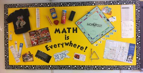 Math bulletin board for the beginning of the year- to introduce the different strands and spark interest, as well as make real-world connections. Thank you to Mrs. Skinner Waldeck's grade 3 website Maths Exhibition, Maths Art, Maths Problems, Math Is Everywhere, Phonics Lesson Plans, Volume Math, Teaching Displays, Maths Display, Math Bulletin Boards