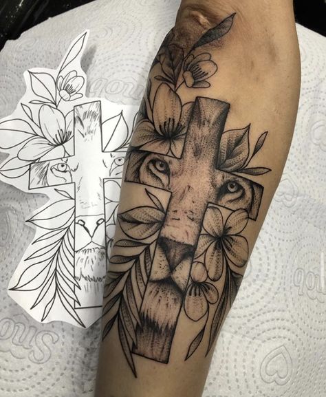 Biblical Tattoo Coverups, Christian Calf Tattoos For Women, Christian Upper Arm Tattoos For Women, Above The Knee Tattoo Western, Cross And Wildflower Tattoo, Biblical Lion Tattoo For Women, Faith Sleeve Tattoos For Women, God Tattoos For Women Forearm, Matching Biblical Tattoos