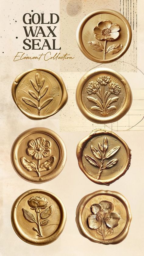 Editable gold wax seal stamp design element set | premium image by rawpixel.com / Nunny Wax Seal Aesthetic, Wax Stamp Design, Wax Seal Stamp Design, Seal Stamp Design, Elements Aesthetic, Aesthetic Antique, Gold Wax Seal, Vintage Envelope, Set Aesthetic