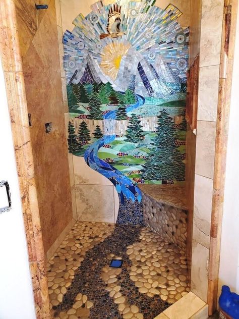 Custom Mosaics by Lily Russo Bathroom Mosaic Tile Ideas Wall, Mosaic Bathroom Ideas, Lavish Houses, Bathroom Mosaic Wall, Mosaic Sign, House Mosaic, Mermaid Mosaic, Bathroom Mosaic, Shower Mosaic