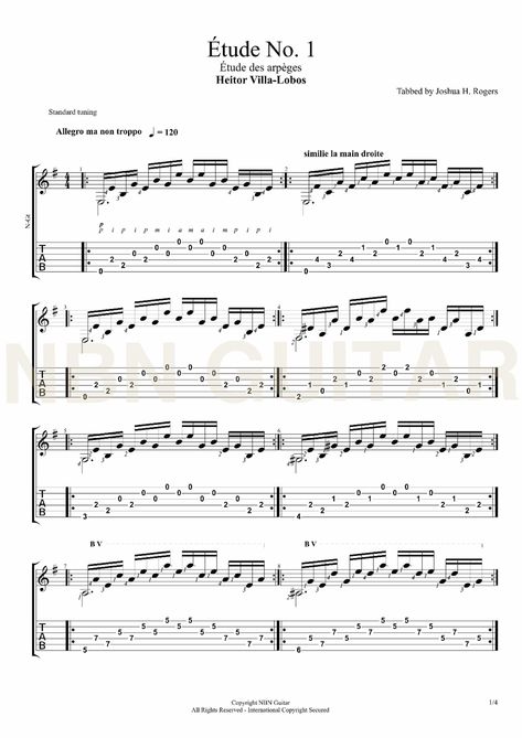 Etude No. 1 - Free Classical Guitar Tabs — NBN Guitar Classical Guitar Lessons, Classical Guitar Sheet Music, Guitar Lessons Fingerpicking, Guitar Exercises, Music Theory Guitar, Guitar Tabs Songs, Music Tabs, Learn Violin, Guitar Chords For Songs