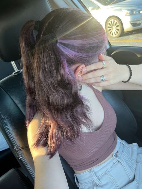 Long Brown Hair Dye Ideas, Peekaboo Dyed Hair For Brunettes, Purple Hair Underneath Light Brown, Brown Hair With Purple Highlights Subtle, Lilac Hair Streaks, Different Color Streaks In Hair, Pink Purple Peekaboo Hair, Light Brown Hair With Purple Streaks, Lavender Hair Highlights Brown