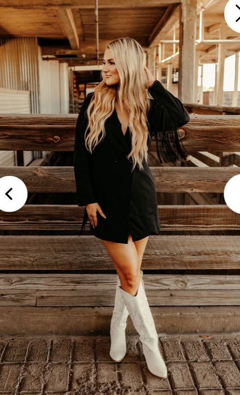 Black Dress With Cowgirl Boots, Black Dress With Cowboy Boots, Black Dress And Cowboy Boots, Black Dress With Boots, Black Western Outfit, Black Dresses With Boots, Country Concert Outfit Fall, Country Concert Outfit Winter, Dress And Cowboy Boots Outfit