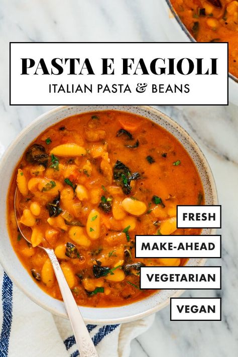 Pasta e fagioli means "pasta and beans" in Italian—this recipe is much more than that! This hearty stew is full of irresistible fresh flavor. Warm up with a bowl of pasta e fagioli on a cold day. (Leftovers taste even better and pack well for lunch!) #pastaefagioli #vegetarian #soup #vegan #Italianrecipe #cookieandkate Pasta And Beans, Vegetarian Stew, Hearty Stew, Bean Pasta, Pasta Fagioli, Gluten Free Noodles, Salad Pasta, Pasta E Fagioli, How To Cook Beans