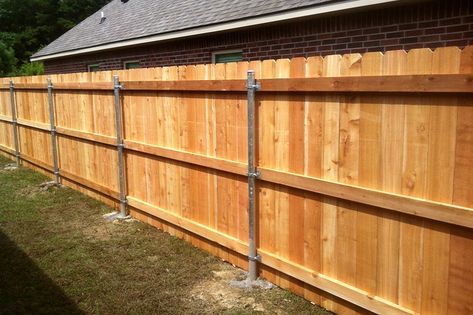 Cost of Wood Fence with Metal Posts Fence With Metal Posts, T Post Fence, Pole Barn Ideas, Gate Design Ideas, Steel Fence Posts, Wood Fence Gates, Fence And Gate, Diy Backyard Fence, Metal Fence Posts