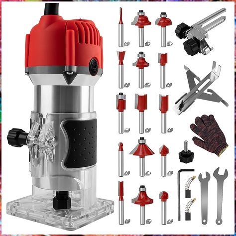 800W Compact Wood Router Tool, Portable Handheld Palm Router Woodworking,Electric Trimmer Wood Router with 15pcs Router Bits,Wood Laminate Router for Woodworking Handicraft and DIY Woodworking Router Bits, Router Tool, Router Projects, Trim Router, Best Woodworking Tools, Woodworking Power Tools, Router Machine, Router Woodworking, Wood Router