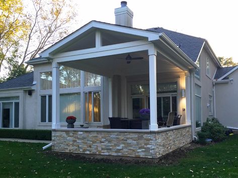 Open Back Porch with Stacked Stone Knee Wall - Design Ideas - Archadeck Knee Wall Ideas, Porch Knee Wall, Open Porch, Porch Kits, Knee Wall, Porch Addition, Building A Porch, Garden Design Layout, Deck Builders