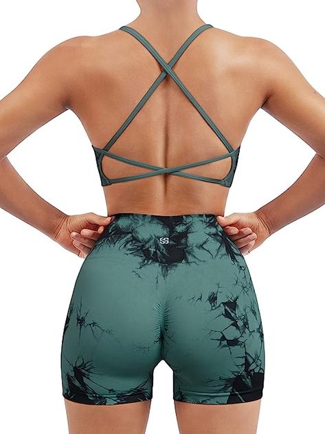 SUUKSESS Women Seamless Workout Sets Strappy Sports Bra High Waist Booty Shorts Outfits Cute Workout Sets, Workout Sets For Women, Flare Yoga Pants, Shorts Outfits, Strappy Sports Bras, Seductive Clothes, Workout Sets, Wide Waistband, Womens Activewear