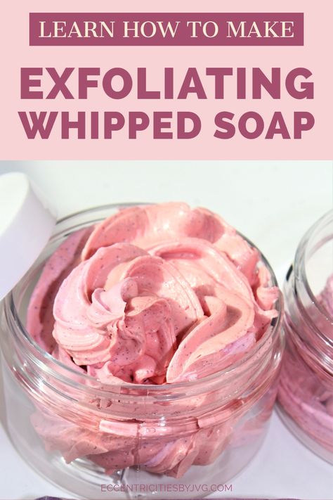 Learn how to make this super skin loving exfoliating whipped soap. This DIY whipped soap uses jojoba beads for a mild exfoliation. Find out how to make this amazing whipped soap, your skin will love it. #diywhippedsoap Diy Whipped Soap, Whipped Soap Diy, Diy Sugar Scrub Recipe, Diy Soap Recipe, Homemade Body Butter, Handmade Soap Recipes, Diy Body Butter, Body Butters Recipe, Sugar Scrub Recipe