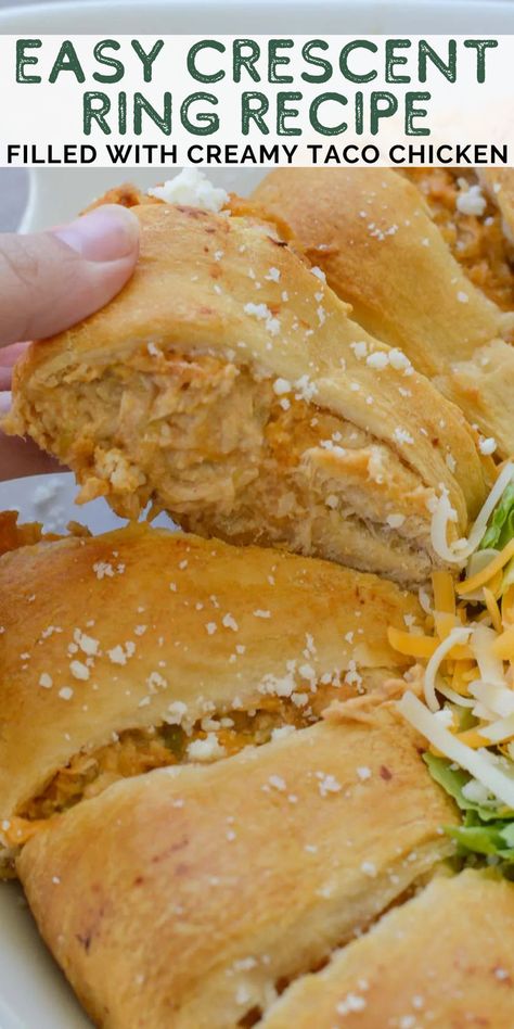 This Crescent Ring recipe is stuffed full of creamy chicken, green chilis, and shredded cheese! The flaky crescent roll crust makes this appetizer or dinner super easy and perfect for parties! Rolled Chicken Tacos, Taco Crescent Ring, Crescent Roll Recipes Dinner, Crescent Roll Crust, Taco Chicken, Green Chilis, Caprese Salad Recipe, Delicious Chicken Breast Recipes, Chicken Dishes Easy