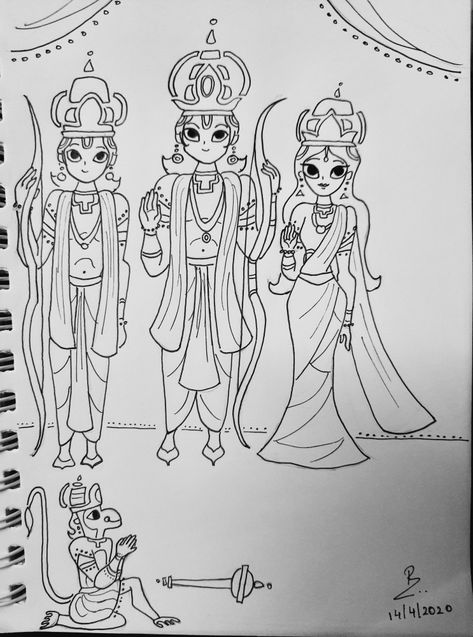 Lord Ram, a Hindu deity with his brother Lakshman, wife Sita and devotee Hanuman! This is inspired by the art of the super talented Sanjay Patel, an artist and animator at Pixar! ❤ Ram Laxman Sita Hanuman Drawing, Ram Laxman Sita Hanuman, Sita Hanuman, Ram Sita, Lord Ram, Dark Black Wallpaper, Hindu Deities, School Board, Pictures To Draw