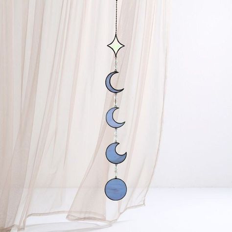 Stained Glass Moon Phases, Celestial Room Decor, Moon Phases Design, Celestial Home Decor, Celestial Home, Star Suncatcher, Crescent Moon And Star, Stained Glass Patterns Free, Mothers Day Decor