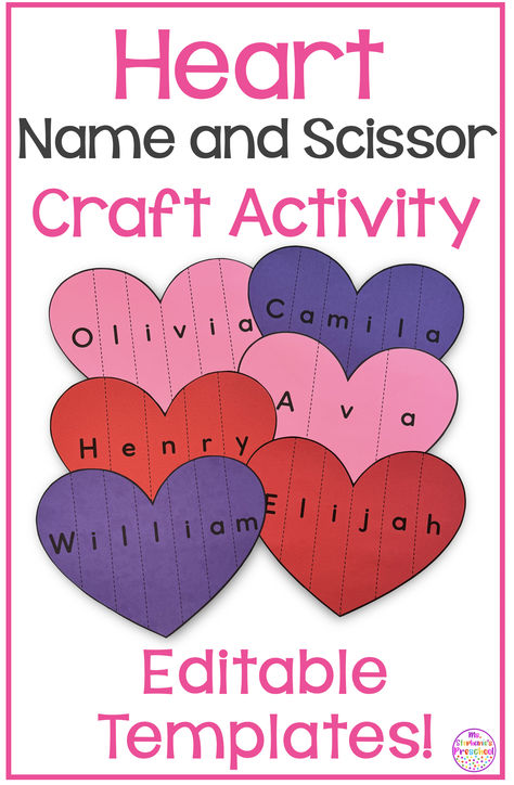 Valentine's Day Name and Craft Activity Editable name hearts in Valentine colors Valentine Pre K Crafts, Heart Name Activity Preschool, Heart Names Preschool, Heart Name Craft Preschool, Preschool Valentines Activities Crafts, Valentine Name Crafts Preschool, Valentines Day Activities For Kindergarten, Valentines Name Craft, Valentine Name Craft