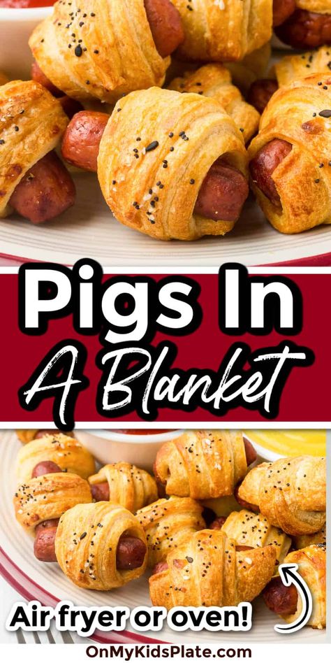 Make these easy air fryer pigs in a blanket perfectly golden brown! A delicious game day or party hot appetizer, and you can make them in the air fryer or oven. Savory mini little smokies wrapped in crescent dough make a quick and easy snack the whole family will love. Pig Shots, Pigs In A Blanket Recipe, Best Party Appetizers, Kids Plate, Classic Grilled Cheese, Hot Appetizers, Kids Plates, Crescent Dough, Easy Party Food