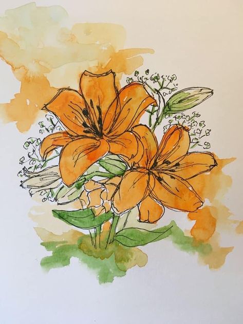 Watercolor Daylilies, Watercolor And Pen Flowers, Daylily Drawing, Lily Watercolor Painting, Nature Canvas Painting, Canvas Painting For Beginners, Oil Painting Background, Painting Ideas For Beginners, Easy Painting Ideas