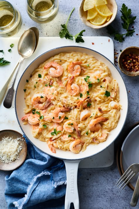 Shrimp Scampi Orzo, Orzo Creamy, Shrimp Scampi With Orzo, Orzo Shrimp, Creamy Orzo Pasta, Creamy Shrimp Scampi, Shrimp Orzo, Orzo Dishes, Pasta With Shrimp