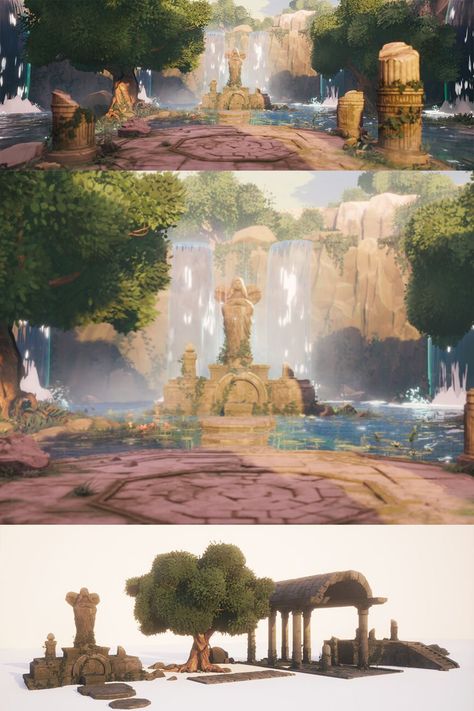 This #FanartFriday we’re refilling our canteens at Merenga’s #BOTW inspired, “Spring of Power” #SpeedTree #Blender #Substance3D #3DCoat #Photoshop #UnrealEngine #UE4 #RealTime #Render #Stylized #3D #CG #Render #Design #GameArt #Waterfalls #Fantasy #Zelda #BOTW #Temple #Spring Spring Of Power Zelda, Zelda Environment Concept Art, Environment 3d Art, Zelda Botw Concept Art, Stylized Waterfall, Botw Concept Art, Stylized Environment Concept Art, Stylized Environment, Stylized 3d