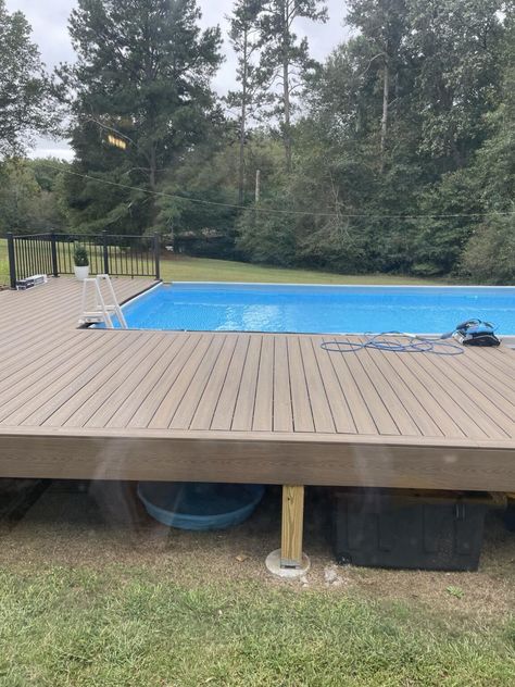 Building An Above Ground Pool Deck- Step By Step - House On Austin Semi Above Ground Pool Deck Ideas, Square Above Ground Pool, Pool Decks For Above Ground Pools, Easy Pool Deck, Above Ground Pool With Deck, Semi Above Ground Pool, Rectangle Above Ground Pool, Above Ground Pool Steps, Decks Around Pools