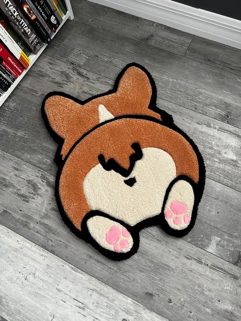 Introducing our handmade Corgi Butt floor rugs featuring a no-slip backing! These adorable rugs are the perfect addition to any home décor, adding warmth, comfort, and style to your living space. Crafted with care and attention to detail, our rugs are made using high-quality materials that are both durable and soft underfoot. The tufted design creates a plush, luxurious texture that feels great to walk on and adds a cozy, welcoming touch to any room. Measuring 16.5 inches by 22 inches (41.91 cm by 55.88 cm), this rug is the ideal size for placing in front of a door, bed, or fireplace, or using as a focal point in your living room or bedroom. The classic color scheme makes it easy to blend seamlessly with your existing décor, while the unique design adds a touch of fun and personality. Whet Girly Tufted Rug, Rug Tufting Workshop, Easy Tufted Rug Design, Cute Rug Ideas, Cute Tufted Rug, Cute Rug Tufting Ideas, Easy Tufting Ideas, Rug Tufting Ideas Easy, Tufted Rug Design