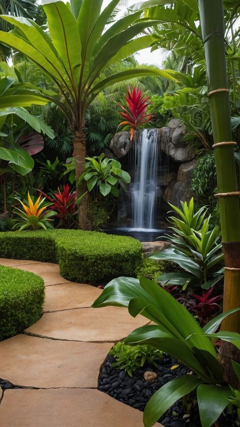 Discover stunning tropical landscape design ideas for your modern garden inspired by Balinese garden plans From backyard ideas to front yard entrance styles find inspiration for your front garden backyard small full sun minimal lush and more Explore tropical oasis designs today Tropical Backyard Design, Tropical Landscape Ideas, Modern Tropical Garden, Florida Landscaping Ideas, Tropical Yard, Yard Entrance, Landscaping Water Feature, Tropical Backyard Landscaping, Small Tropical Gardens