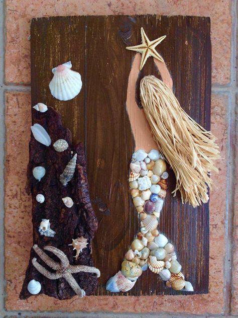 Mermaid on wood, 3D art, seashells, starfish, driftwood by Irene V. Mermaid With Seashells, Mermaid Driftwood Art, Mermaid Seashell Art, Mermaid Wood Art, Seashell People Art, Mermaid Diy Crafts, Wood Mermaid, Mermaid Wood, Mermaids On Wood