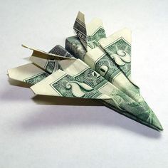 Airplane Money Origami  (preferably using $100 bills...) Origami Jet Fighter, Money Origami Tutorial, Fighter Airplane, Origami Dollar, Origami Plane, Origami Airplane, Folding Money, Dollar Origami, Origami Lamp