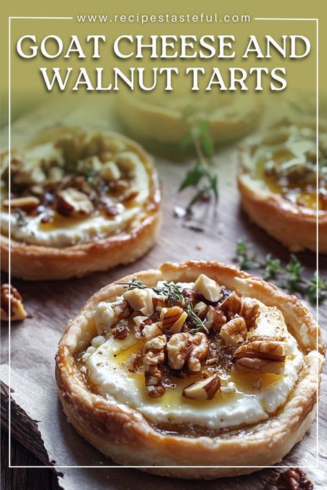 Deliciously flaky and rich, these goat cheese and walnut tarts combine creamy goat cheese with crunchy walnuts, drizzled with honey for a perfect balance of savory and sweet. Ideal for appetizers or a light meal! Baked Goat Cheese, Goat Cheese Tart, Creamy Goat Cheese, Cheese Tart, Honey Walnut, Frozen Puff Pastry, Quick Weeknight Meals, Tart Recipes, Light Recipes