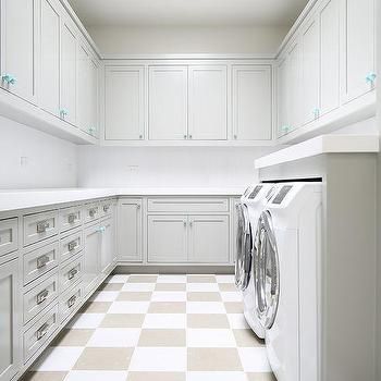 White and Gray Checkered Laundry Room Floor Checkered Laundry Room, Gray Checkered Floor, Mudroom With Shiplap, Cottage Style Mudroom, Washer Dryer Pedestal, Simple Laundry Room, Cottage Laundry Room, Black Quartz Countertops, Simple Laundry