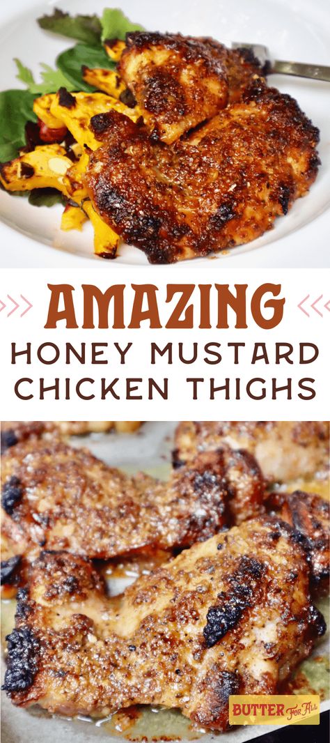 Baked Chicken Marinade, Honey Mustard Chicken Marinade, Mustard Marinade For Chicken, Mustard Marinade, Chicken Thighs In Oven, Honey Mustard Marinade, Baked Boneless Chicken Thighs, Boneless Skinless Chicken Thigh Recipes, Honey Mustard Chicken Thighs