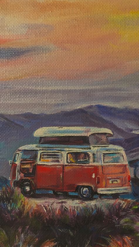 Van Life Painting, Vw Bus Art, Vw Bus Painting, Road Trip Vibes, Fork Painting, Van Painting, Vw Bus Painting Canvas, Bus Drawing, Vans Painted