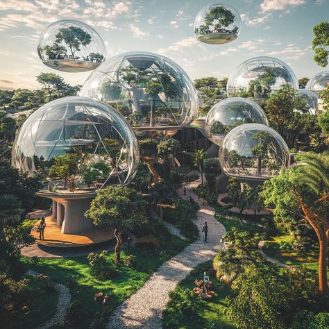 🌍✨ Discover a Futuristic Eco-City with Innovative Architecture and Green Spaces! Imagine a vibrant city with transparent domes, solar panels, and lush parks. Hover taxis glide above, while smart trees purify the air. A perfect blend of nature and urban life! #EcoCity #Futurism #SustainableLiving #midjourney Solarpunk Apartment, Futuristic Plants, Futuristic Greenhouse, Futuristic Forest, Eco Futurism, Futuristic Garden, Futurism Architecture, Solar Punk, Eco City