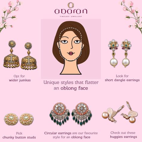 Jewellery with heavy accents would suit oblong face as they will give a fuller look to the face.Choose short,wide and circular earring styles to give the illusion of a more rounded face shape. Earrings in round, square or fan shapes will suit you. Go for mini hoops,smart studs or short dangle earrings Earrings For Oblong Face Shape, Oblong Face, Type Outfit, Girlfriend Jewelry Gift, Oblong Face Shape, Earring Styles, Face Tips, Girlfriend Jewelry, Face Jewellery