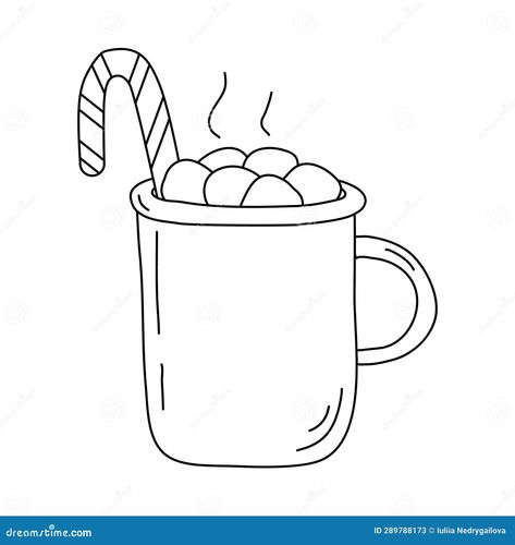 Cup with hot chocolate, marshmallow and candy cane, doodle style flat vector outline illustration for kids coloring book Hot Cocoa Drawing Easy, How To Draw Hot Chocolate, Hot Chocolate Mug Template, Mug Coloring Page, Hot Coco Coloring Page, Hot Cocoa Illustration, Hot Chocolate Sketch, Cup Of Hot Chocolate Drawing, Hot Chocolate Vector