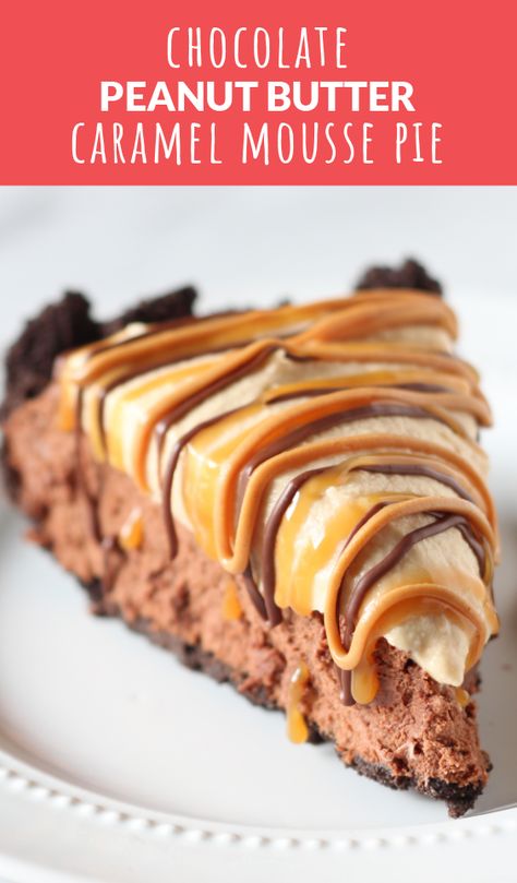 Chocolate Peanut Butter Caramel Mousse Pie made with an Oreo crust, chocolate caramel mousse filling, and peanut butter whipped cream to top. Decadent! #chocolate #peanutbutter #caramel #pie #pierecipes #dessert #fallrecipes #falldesserts #thanksgiving #chocolatepie #peanutbutterpie #bestpie #dessertrecipes Caramel Mousse Filling, Peanut Butter Whipped Cream, Peanut Butter Caramel, Mousse Pie, Mousse Filling, Caramel Mousse, Butter Caramel, Handle The Heat, Oreo Crust