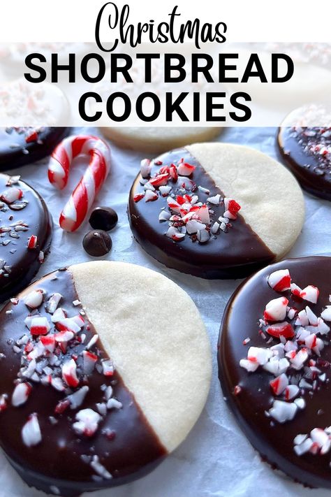 These easy chocolate dipped shortbread peppermint cookies have a buttery, crumbly, traditional shortbread texture that’s sealed with a rich chocolate exterior sprinkled with crushed candy cane that will give you all the holiday feels! Peppermint Chocolate Shortbread, Shortbread Wreath Cookies, Chocolate Peppermint Shortbread Cookies, Peppermint Bark Shortbread Cookies, Dark Chocolate Candy Cane Cookies, Peppermint Dipped Cookies, Cookies With Candy Cane Pieces, Cookies With Candy Canes, Chocolate Dipped Christmas Cookies