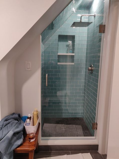 Tiled Shower Alcove, Bathroom Under Eaves, Under Stairs Shower And Toilet, Eaves Shower Room, Shower In Alcove, Small Alcove Ensuite, Angled Ceiling Shower Ideas, Shower Under Stairs Small Bathrooms, Shower Room Under Stairs