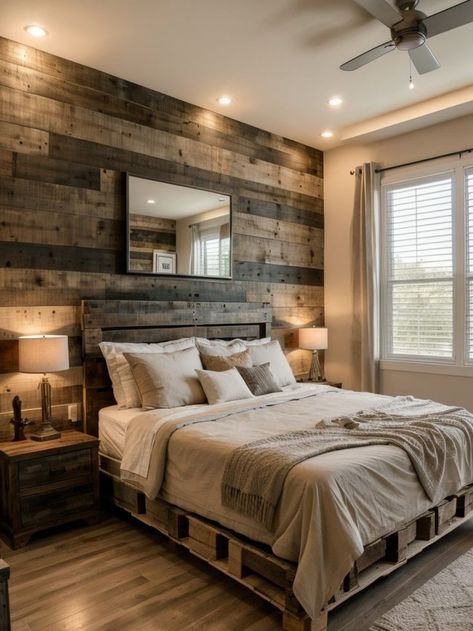 Create a stunning bedroom accent wall using DIY pallet wood. Pair it with a sleek platform bed and add some string lights to complete the rustic and cozy look. Western Bedroom Ideas Ranch Style Rustic, Wood Walls Bedroom, Pallet Accent Wall, Bedroom Accent Wall, Western Bedrooms, Western Bedroom, Bedroom Bliss, Accent Walls In Living Room, Bedroom Accent