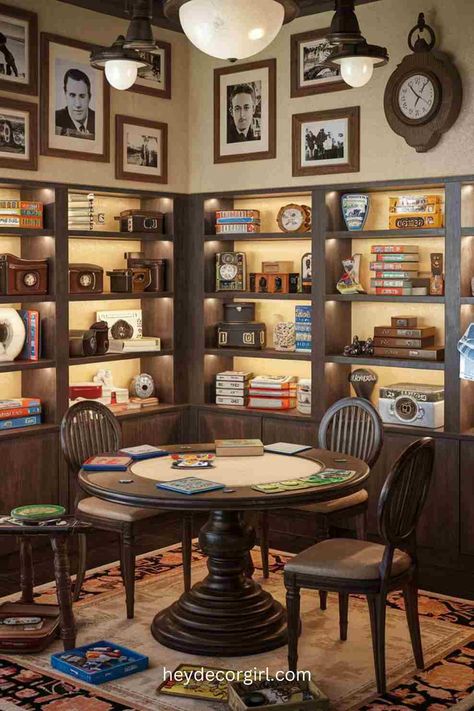 35+ Unique Board Game Room Ideas - Hey Decor Girl [Latest Trending Decor Design Ideas] Home Board Game Room, Family Game Room Decor, D&d Game Room Ideas, Basement Game Table Ideas, Media Game Room Ideas, Board Game Nook, Board Game Cafe Ideas, Board Game Living Room, Board Game Table Ideas