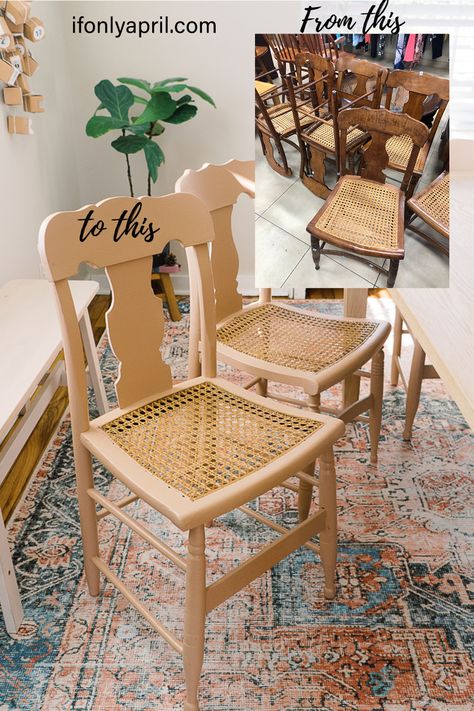 How to refinish old furniture without sanding {cane dining chairs thrift flip} - If Only April Refinish Old Furniture, Caned Dining Chairs, Refurbished Chairs, Sand Chair, Dining Chair Makeover, Upcycle Chair, Cane Dining Chairs, Diy Furniture Flip, Sanding Wood