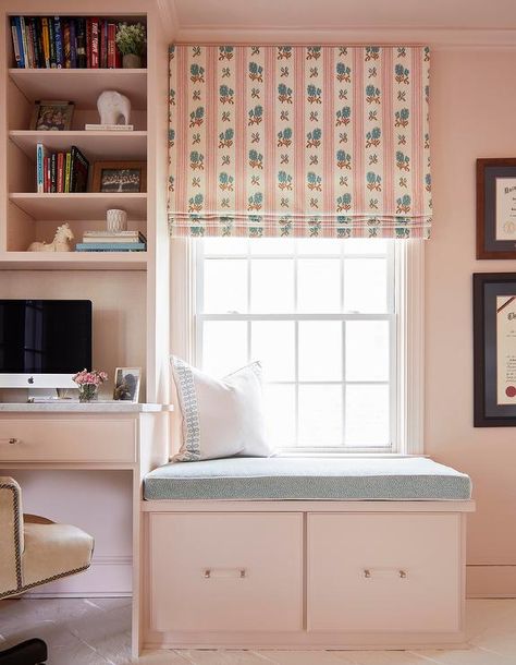 Pink Built In Window Seat with Pink and Blue Cushion - Transitional - Den/library/office Window Seat With Drawers, Den Library, Built In Window Seat, Pink Bedroom Walls, Colored Ceiling, Bedroom Desk, Bedroom Windows, Built In Desk, Blue Cushions