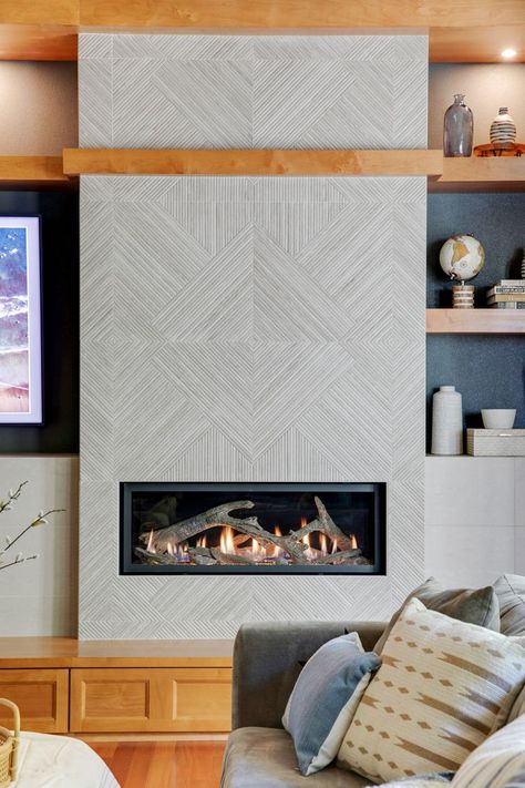 Fireplace Accent Wall Coastal, Fireplace Tile Pattern, Fireplace Tile Surround Mid Century, Geometric Wall Tile, Teak Fireplace Wall, Tiles For Fireplace Wall, Linear Fireplace Tile Surround, White Tile Fireplace Wall, Full Tile Fireplace