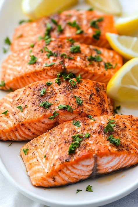 Discover a delicious and easy recipe for air fryer baked salmon! This healthy dish is perfect for a quick weeknight dinner or a special weekend meal. With just a few simple ingredients, you can have perfectly cooked salmon that is crispy on the outside and tender on the inside. The air fryer makes cooking salmon a breeze - no need to turn on your oven or stand over the stove. Simply season the salmon, pop it in the air fryer, and let it do all the work. Skin On Salmon Air Fryer, Salmon Fillet Recipes Air Fryer, Salmon Recipes Air Fryer, Air Fried Salmon, Salmon In Air Fryer, Recipe For Air Fryer, Best Salmon Recipe, Cooked Salmon, Baked Salmon Recipe