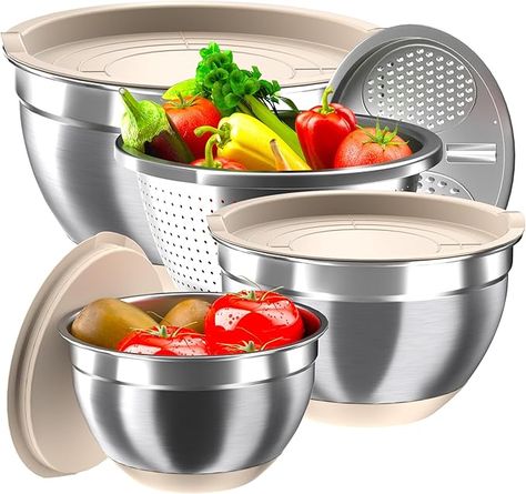 Stainless Steel Mixing Bowl Set with 3 Metal Nesting Bowls, Colander & Grater, Non-Slip Bottoms, Size 1.5, 2.5, 6 QT, Great for Mixing & Serving, Khaki Mixing Bowls With Lids, Bowls With Lids, Quick Salads, Mixing Bowl Set, Stainless Steel Mixing Bowls, How To Wash Vegetables, Cookware Set Stainless Steel, Kitchen Cleaner, Metal Bowl