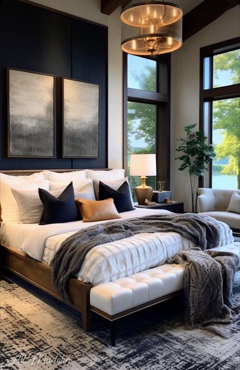 Luxury Male Bedroom, Queen Bedding Ideas Inspiration, Master Bedrooms With Window Behind Bed, Acotar Bedroom, Luxury Master Bedrooms Decor, Hotel Bedroom At Home, Moody Primary Bedroom, Chic Guest Bedroom, Hotel Vibe Bedroom