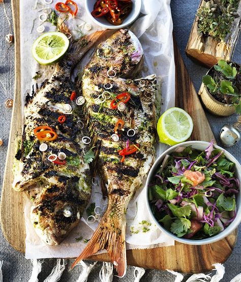 Three Blue Ducks' barbecued whole fish with lemongrass and lime leaves :: Gourmet Traveller Whole Fish Recipes, Bbq Fish, Whole Fish, Lime Leaves, Grilled Fish, Baked Fish, Bbc Good Food Recipes, Barbecue Recipes, Chef Recipes