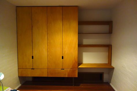 Plywood Wardrobe, Mid Century Wardrobe, Mid Century Wall Unit, Bed Inspiration, Timber Vanity, Plywood Projects, Mtv Cribs, Wall Cupboards, Bedding Inspiration