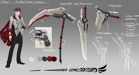 Harbinger is the name of Qrow's Scythe/Shotgun/Sword. (Gosh, the amount of amazingness in RWBY's weapons). I find it a good idea to understand what kind of weapon a character would use that would fit best with them. The fact that this weapon is named Harbinger says how Qrow feels about himself - pretty poorly. Rwby Crow, Rwby Qrow, Qrow Branwen, Rwby Oc, Armadura Cosplay, Red Like Roses, Rwby Characters, Nunchucks, Rwby Anime