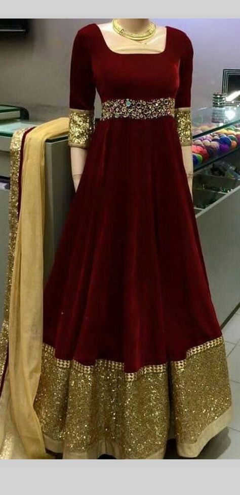 Velvet Gown Indian, Velvet Anarkali Suits, Flared Anarkali, Gown Party Wear, Velvet Dress Designs, Designer Gown, Fancy Gowns, Velvet Tees, Red Lehenga