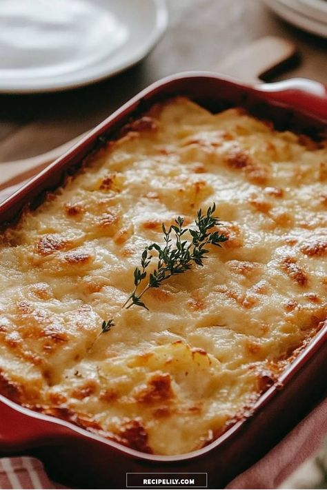 I can't get enough of this rich and cheesy potato gratin! Layered with perfectly sliced potatoes and baked until golden brown, this dish is the ultimate comfort food. Topped with fresh thyme, it’s both visually appealing and absolutely delicious. Perfect for family dinners or as a side dish for special occasions! Cheesy Hashbrown Bake, Cheesy Potato Gratin, Cheesy Hashbrowns, Cheesy Potato Casserole, Shredded Potatoes, Bacon Potato, Cheesy Potato, Potato Gratin, Creamy Potato